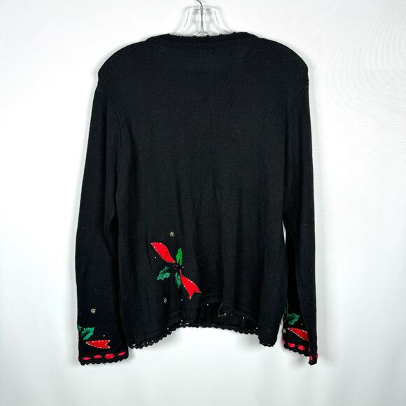 Vintage Christmas Mistletoe Embroidered Beaded Holly Knit Cardigan Sweater Sz - Picture 2 of 4